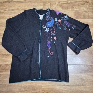 Norm Thompson Womens Vintage Embroidered Paisley Floral Black Wool Cardigan Med